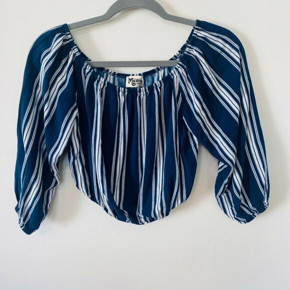Show Me Your Mumu Revolve Lima Navy White Stripe Off Shoulder Crop Top Med - Picture 2 of 8